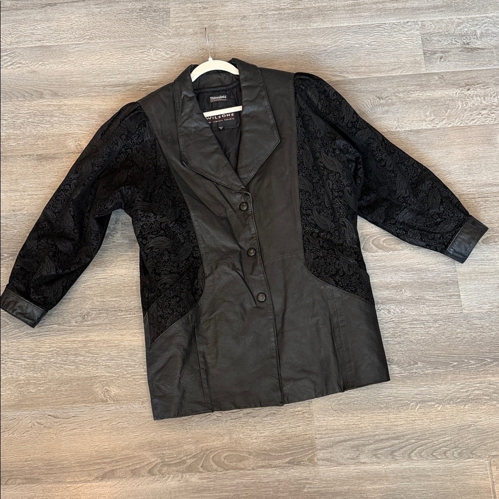 Wilson black leather jacket paisley burnout 80s 90s Whimsigoth dark romantic S - Picture 15 of 16